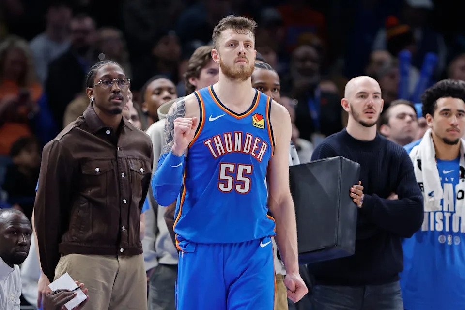 Feb 22, 2026; Oklahoma City, Oklahoma, USA; Oklahoma City Thunder center/forward Isaiah Hartenstein (55) reacts after watching his team in a defensive play against the Cleveland Cavaliers during the second half at Paycom Center. Mandatory Credit: Alonzo Adams-Imagn Images