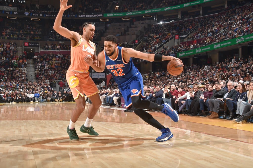 Karl-Anthony Towns drives to the basket during the Knicks’ loss to the Cavaliers on Feb. 24, 2026 in Cleveland. NBAE via Getty Images