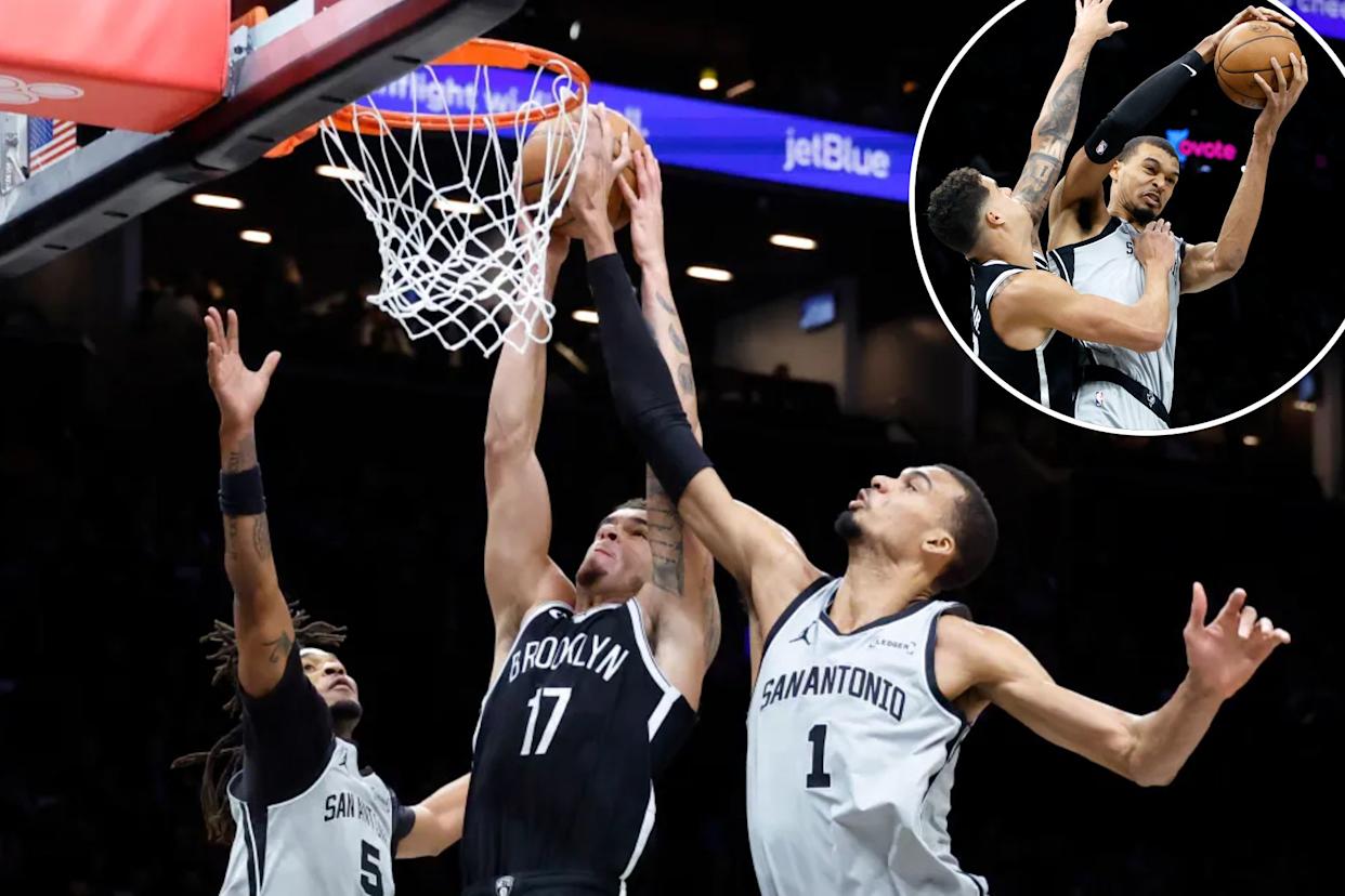 An image collage containing 2 images, Image 1 shows Michael Porter Jr.'s dunk is blocked by Victor Wembanyama during the Nets' 126-110 blowout win over the Spurs on Feb. 26, 2026 at Barclays Center, Image 2 shows Victor Wembanyama grabs a rebound in front of Michael Porter Jr. during the Nets' home loss to the Spurs