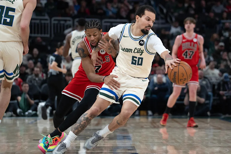 Milwaukee Bucks guard Cole Anthony (50) dribbles away from Chicago Bulls forward Dalen Terry (7) in the second half at Fiserv Forum on the evening of Feb. 3, 2026 in Milwaukee, Wisconsin.