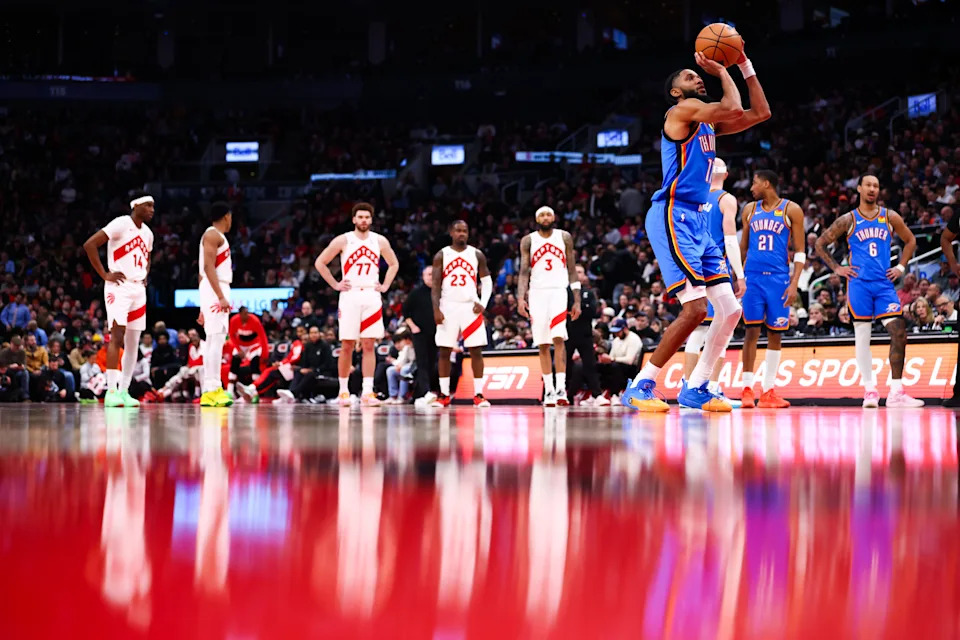 TORONTO, CANADA - FEBRUARY 24: Isaiah Joe #11 of the Oklahoma City Thunder takes a technical free-throw during the second half of their NBA game against the Toronto Raptors at Scotiabank Arena on February 24, 2026 in Toronto, Ontario, Canada. NOTE TO USER: User expressly acknowledges and agrees that, by downloading and or using this photograph, User is consenting to the terms and conditions of the Getty Images License Agreement. (Photo by Cole Burston/Getty Images)
