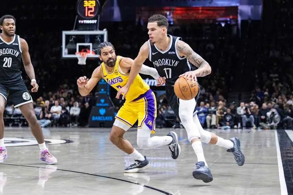 Michael Porter Jr. drives to the basket during the first half of the Nets’ blowout home loss to the Lakers. Corey Sipkin for the NY POST