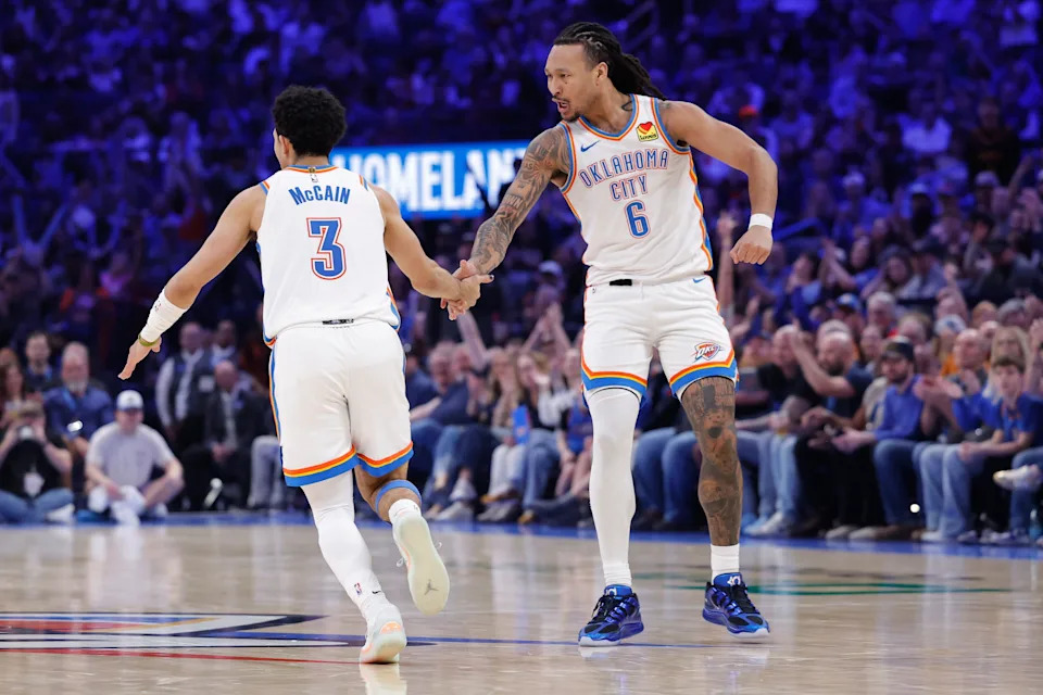 Feb 12, 2026; Oklahoma City, Oklahoma, USA; Oklahoma City Thunder forward Jaylin Williams (6) and guard Jared McCain (3) celebrate after a play against the Milwaukee Bucks during the second half at Paycom Center. Mandatory Credit: Alonzo Adams-Imagn Images