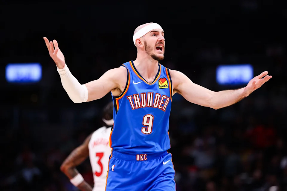 TORONTO, CANADA - FEBRUARY 24: Alex Caruso #9 of the Oklahoma City Thunder reacts during the second half of their NBA game against the Toronto Raptors at Scotiabank Arena on February 24, 2026 in Toronto, Ontario, Canada. NOTE TO USER: User expressly acknowledges and agrees that, by downloading and or using this photograph, User is consenting to the terms and conditions of the Getty Images License Agreement. (Photo by Cole Burston/Getty Images)