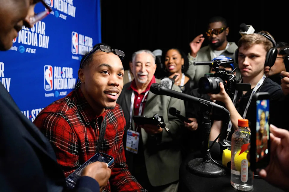 Feb 14, 2026; Inglewood, California, USA; Scottie Barnes speaks during interviews at media day at Intuit Dome. Mandatory Credit: William Liang-Imagn Images