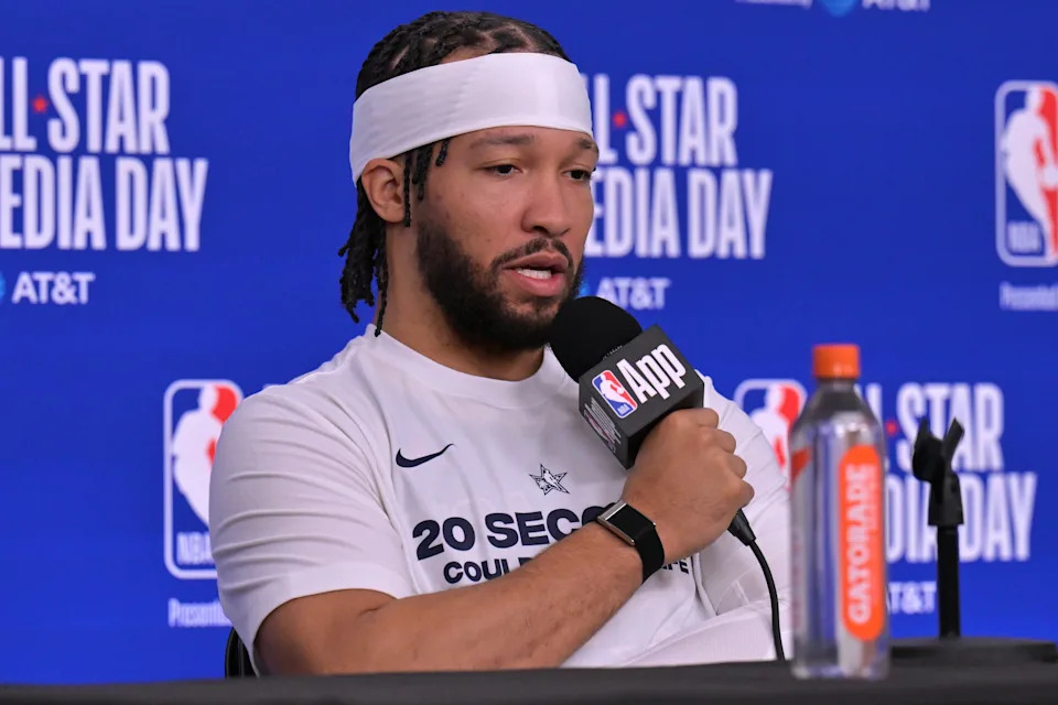 Feb 14, 2026; Los Angeles, CA, USA; Team USA Stripes guard Jalen Brunson (11) of the New York Knicks during a news conference for the NBA All Star game at Intuit Dome. Mandatory Credit: Jayne Kamin-Oncea-Imagn Images