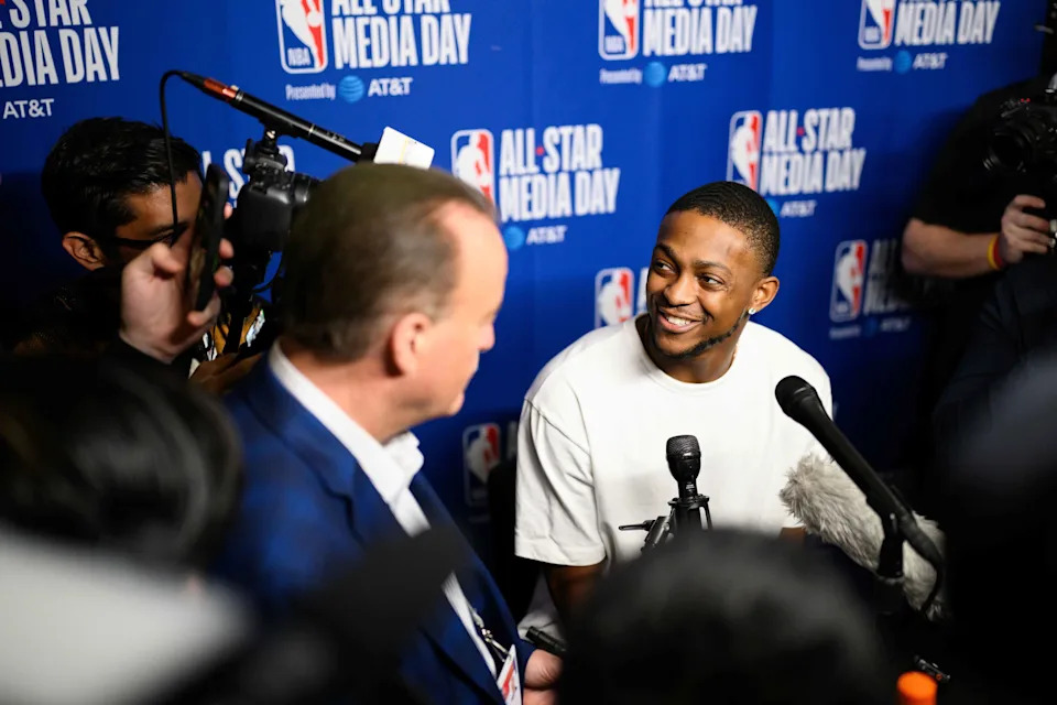Feb 14, 2026; Inglewood, California, USA; De'Aaron Fox speaks during interviews at media day at Intuit Dome. Mandatory Credit: William Liang-Imagn Images