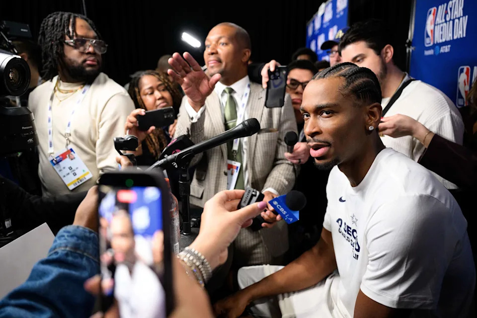 Feb 14, 2026; Inglewood, California, USA; Shai Gilgeous-Alexander speaks during interviews at media day at Intuit Dome. Mandatory Credit: William Liang-Imagn Images