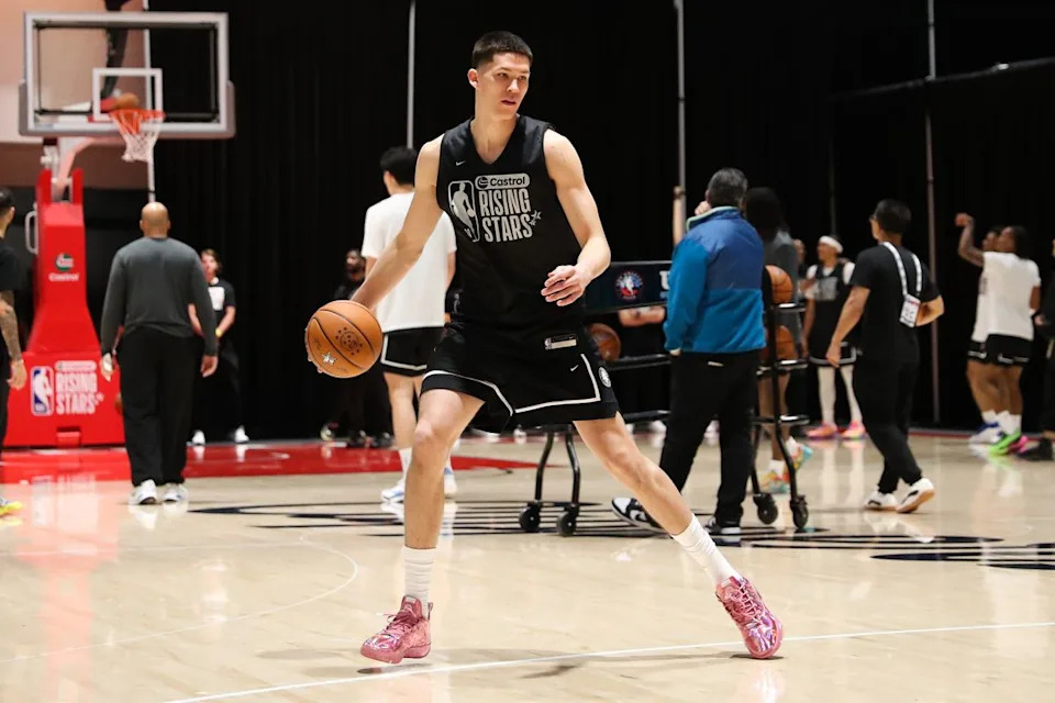 Brooklyn Nets guard Egor Demin (8) participates in drills during NBA Rising Stars practice on February 13, 2026 in Inglewood, CA.