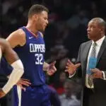 Los Angeles Clippers forward Blake Griffin (32) talks to a head coach Doc Rivers during the second half of an NBA game against the Memphis Grizzlies at Staples Center. The Grizzlies won 113-104 on Nov. 4, 2017.