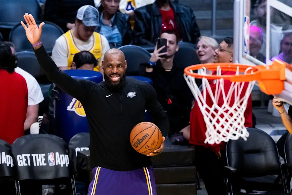 LeBron James #23 of the Los Angeles Lakers on the court during warm ups before an NBA basketball game against the Oklahoma City Thunder, Monday February 9, 2026 in Los Angeles, Calif.
