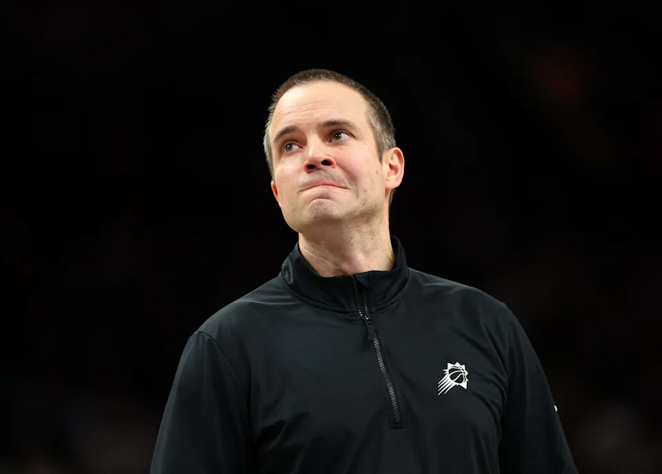 Feb 24, 2026; Phoenix, Arizona, USA; Phoenix Suns head coach Jordan Ott reacts against the Boston Celtics in the second half at Mortgage Matchup Center. Mandatory Credit: Mark J. Rebilas-Imagn Images