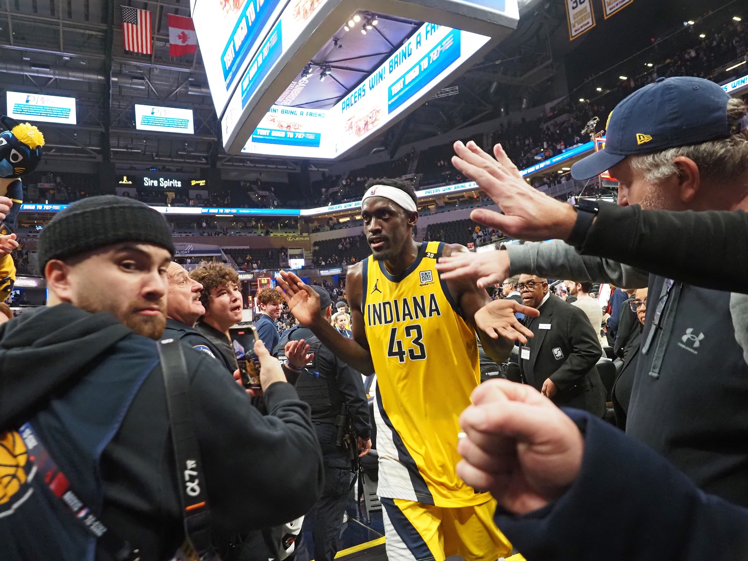 INDIANAPOLIS, IN - JANUARY 26: Pascal Siakam #43 of the Indiana Pacers high fives fans after the game against the Phoenix Suns on January 26, 2024 at Gainbridge Fieldhouse in Indianapolis, Indiana. NOTE TO USER: User expressly acknowledges and agrees that, by downloading and or using this Photograph, user is consenting to the terms and conditions of the Getty Images License Agreement. Mandatory Copyright Notice: Copyright 2024 NBAE (Photo by Ron Hoskins/NBAE via Getty Images)