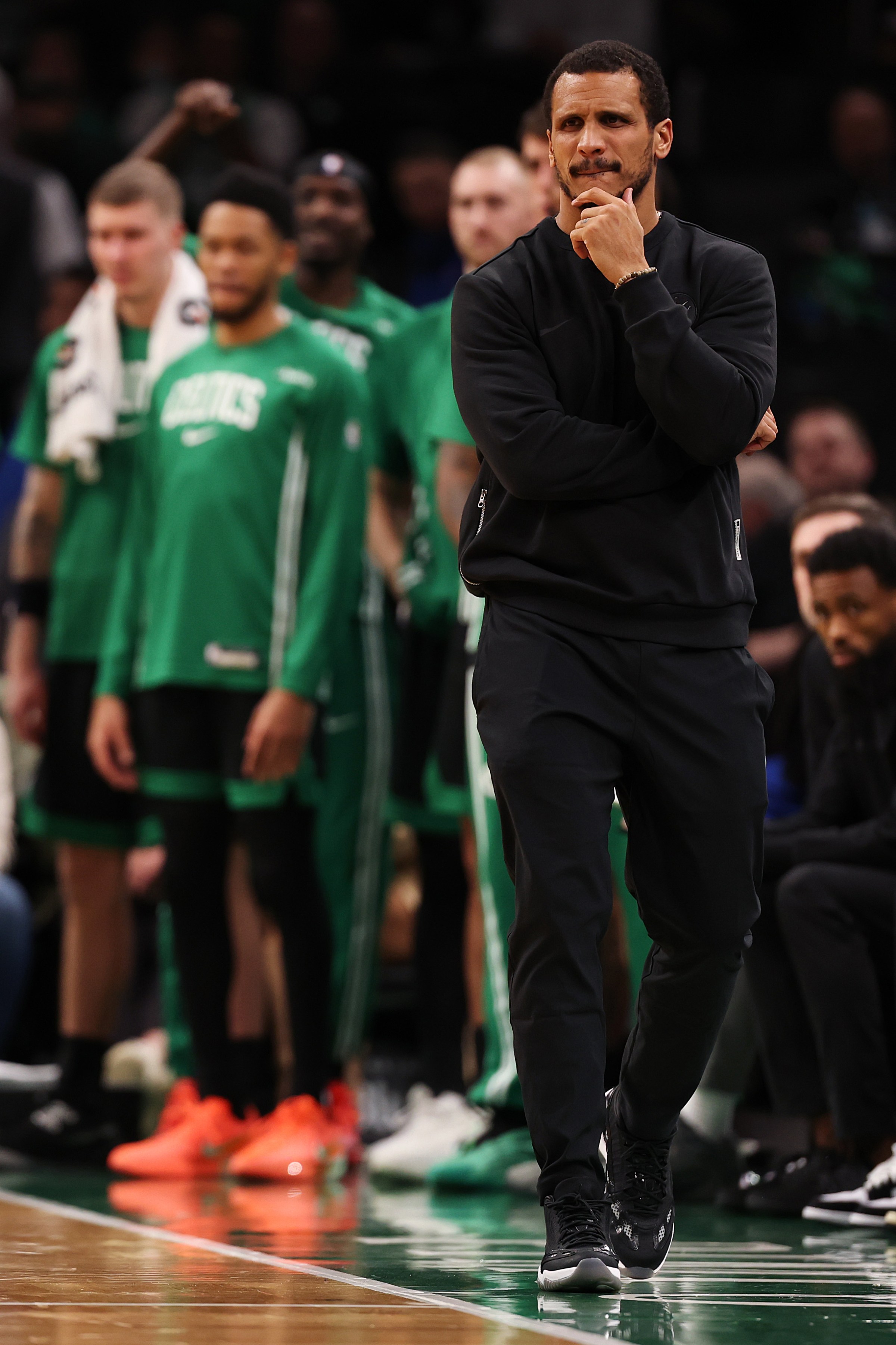 BOSTON, MASSACHUSETTS - NOVEMBER 16: Boston Celtics head coach Joe Mazzulla looks on from the bench during the second half against the LA Clippers at TD Garden on November 16, 2025 in Boston, Massachusetts. The Celtics defeat the Clippers 121-118. NOTE TO USER: User expressly acknowledges and agrees that, by downloading and or using this photograph, user is consenting to the terms and conditions of the Getty Images License Agreement. (Photo by Maddie Meyer/Getty Images)