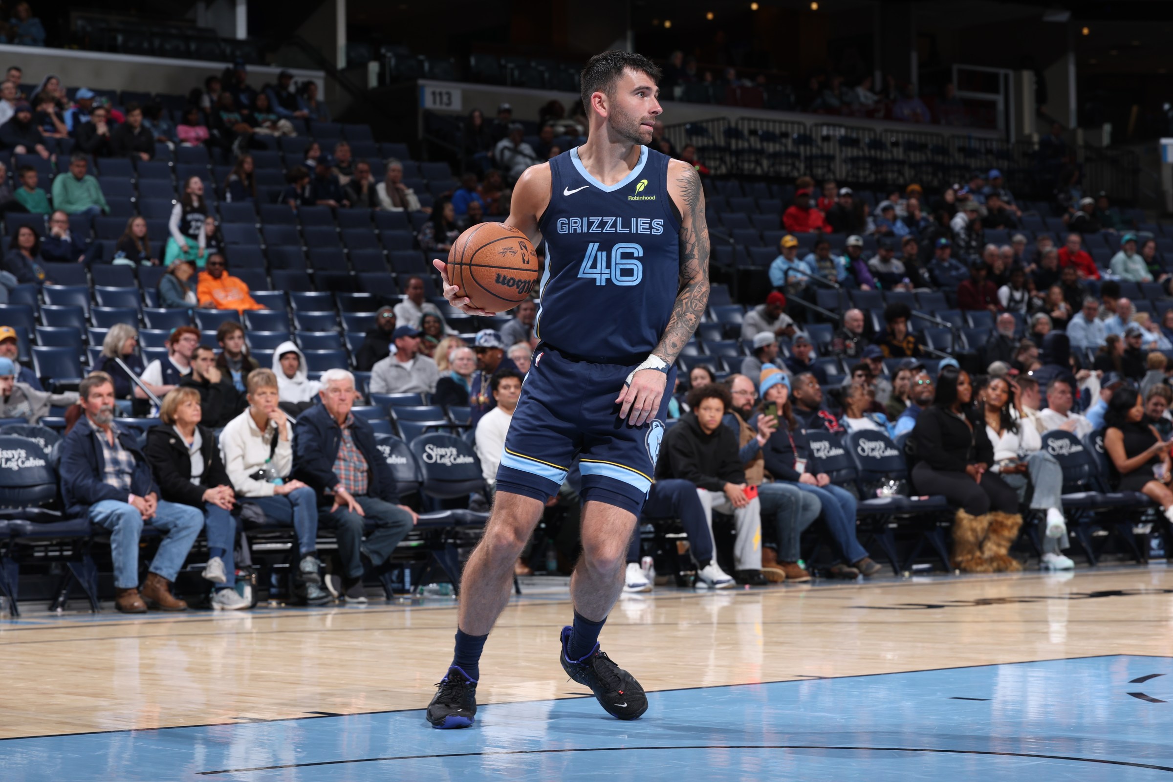 MEMPHIS, TN - DECEMBER 7: John Konchar #46 of the Memphis Grizzlies looks to pass the ball during the game against the Portland Trail Blazers on December 7, 2025 at FedExForum in Memphis, Tennessee. NOTE TO USER: User expressly acknowledges and agrees that, by downloading and or using this photograph, User is consenting to the terms and conditions of the Getty Images License Agreement. Mandatory Copyright Notice: Copyright 2025 NBAE (Photo by Joe Murphy/NBAE via Getty Images)