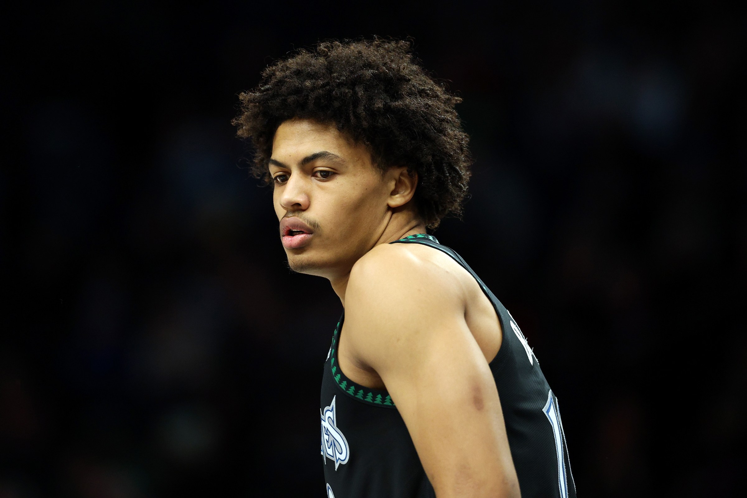 MINNEAPOLIS, MINNESOTA - JANUARY 06: Joan Beringer #19 of the Minnesota Timberwolves looks on against the Miami Heat in the fourth quarter at Target Center on January 06, 2026 in Minneapolis, Minnesota. The Timberwolves defeated the Heat 122-94. NOTE TO USER: User expressly acknowledges and agrees that, by downloading and or using this photograph, User is consenting to the terms and conditions of the Getty Images License Agreement. (Photo by David Berding/Getty Images)