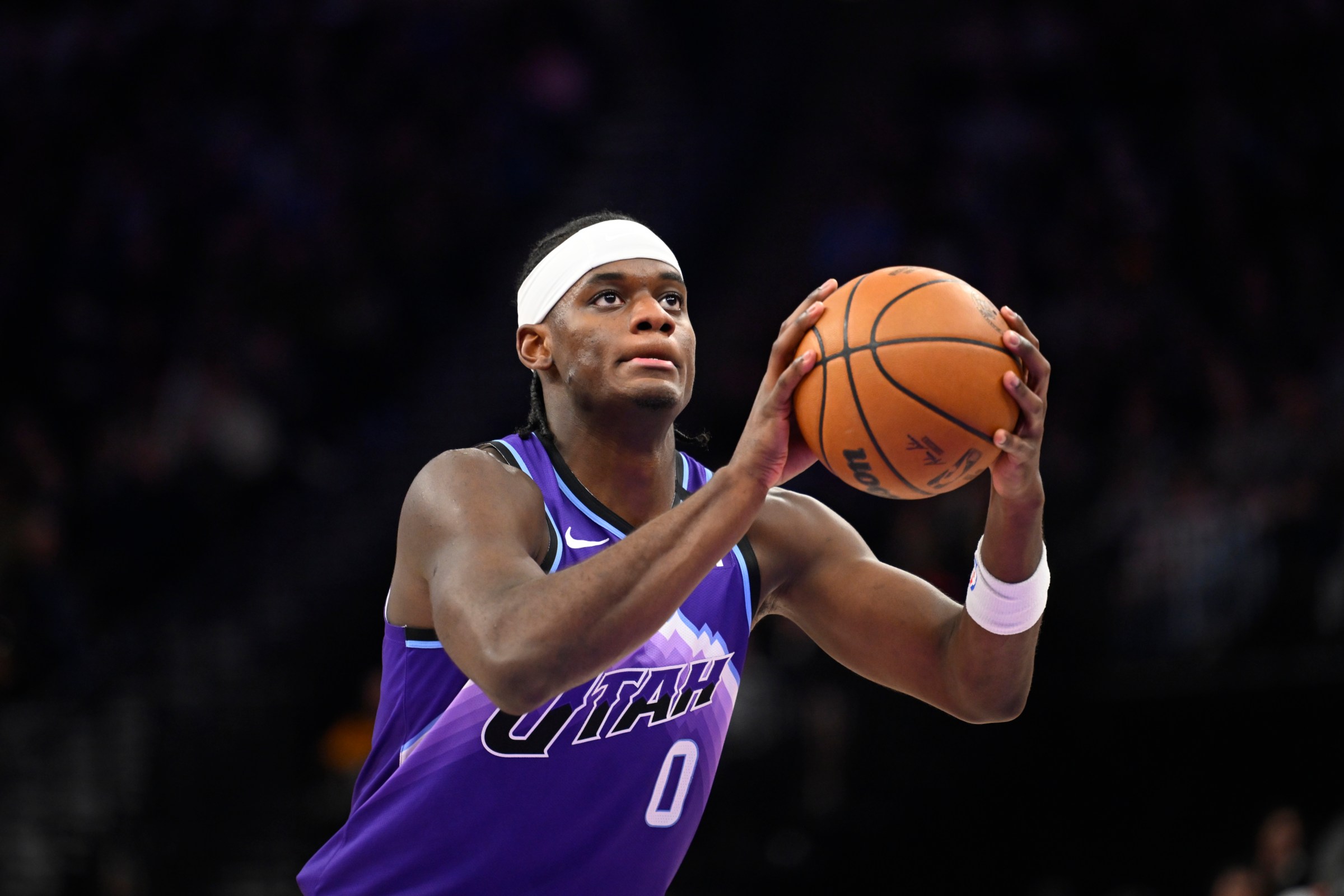 SALT LAKE CITY, UT - JANUARY 10: Taylor Hendricks #0 of the Utah Jazz prepares to shoot a free throw during the game against the Charlotte Hornets on January 10 2026 at Delta Center in Salt Lake City, Utah. NOTE TO USER: User expressly acknowledges and agrees that, by downloading and or using this Photograph, User is consenting to the terms and conditions of the Getty Images License Agreement. Mandatory Copyright Notice: Copyright 2026 NBAE (Photo by Alex Goodlett/NBAE via Getty Images)