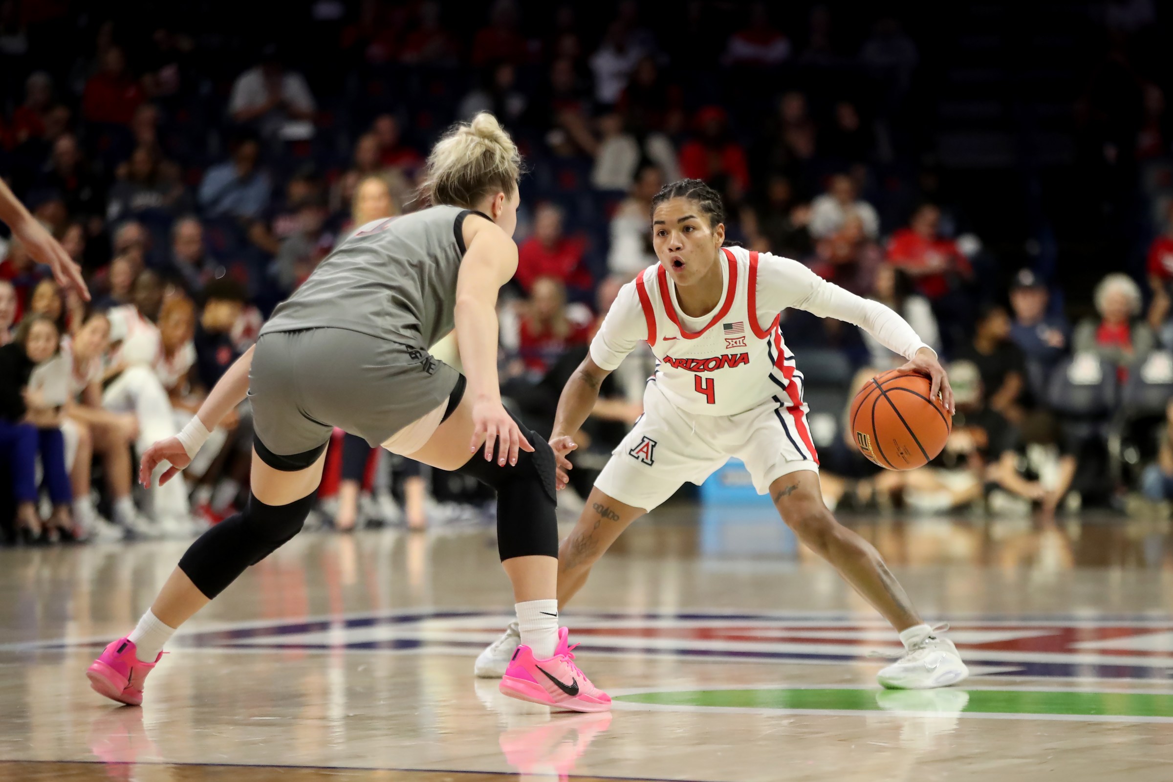 TUCSON, AZ - FEBRUARY 01: Arizona Wildcats guard Noelani Cornfield (4) dribbles the ball during a women’s basketball game between the Oklahoma State Cowgirls and the Arizona Wildcats on February 1, 2026, at McKale Center in Tucson, AZ. (Photo by Christopher Hook/Icon Sportswire via Getty Images)