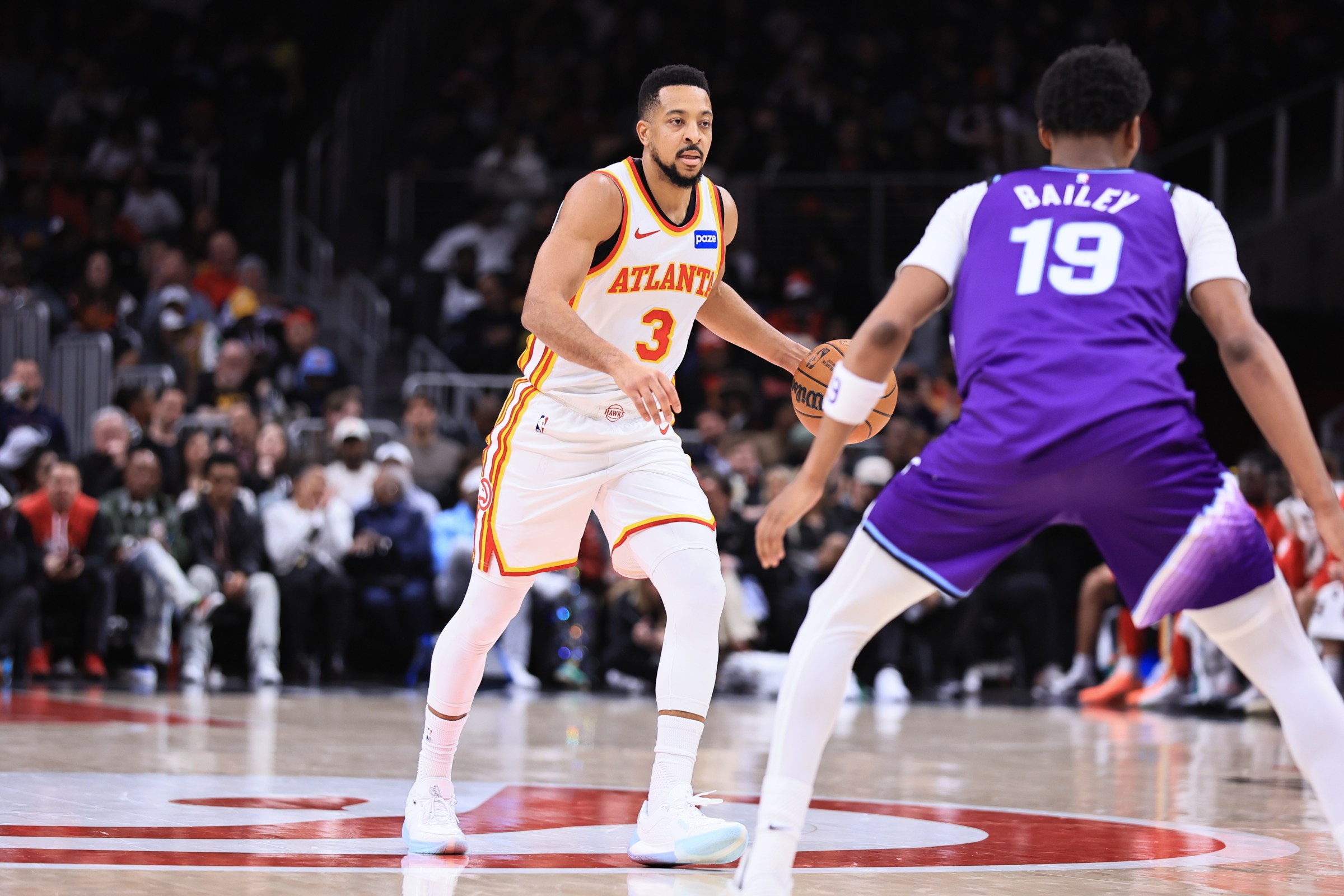 ATLANTA, GA - FEBRUARY 5: CJ McCollum #3 of the Atlanta Hawks dribbles the ball during the game against the Utah Jazz on February 5, 2026 at State Farm Arena in Atlanta, Georgia. NOTE TO USER: User expressly acknowledges and agrees that, by downloading and/or using this Photograph, user is consenting to the terms and conditions of the Getty Images License Agreement. Mandatory Copyright Notice: Copyright 2026 NBAE (Photo by Joe Boatman/NBAE via Getty Images)