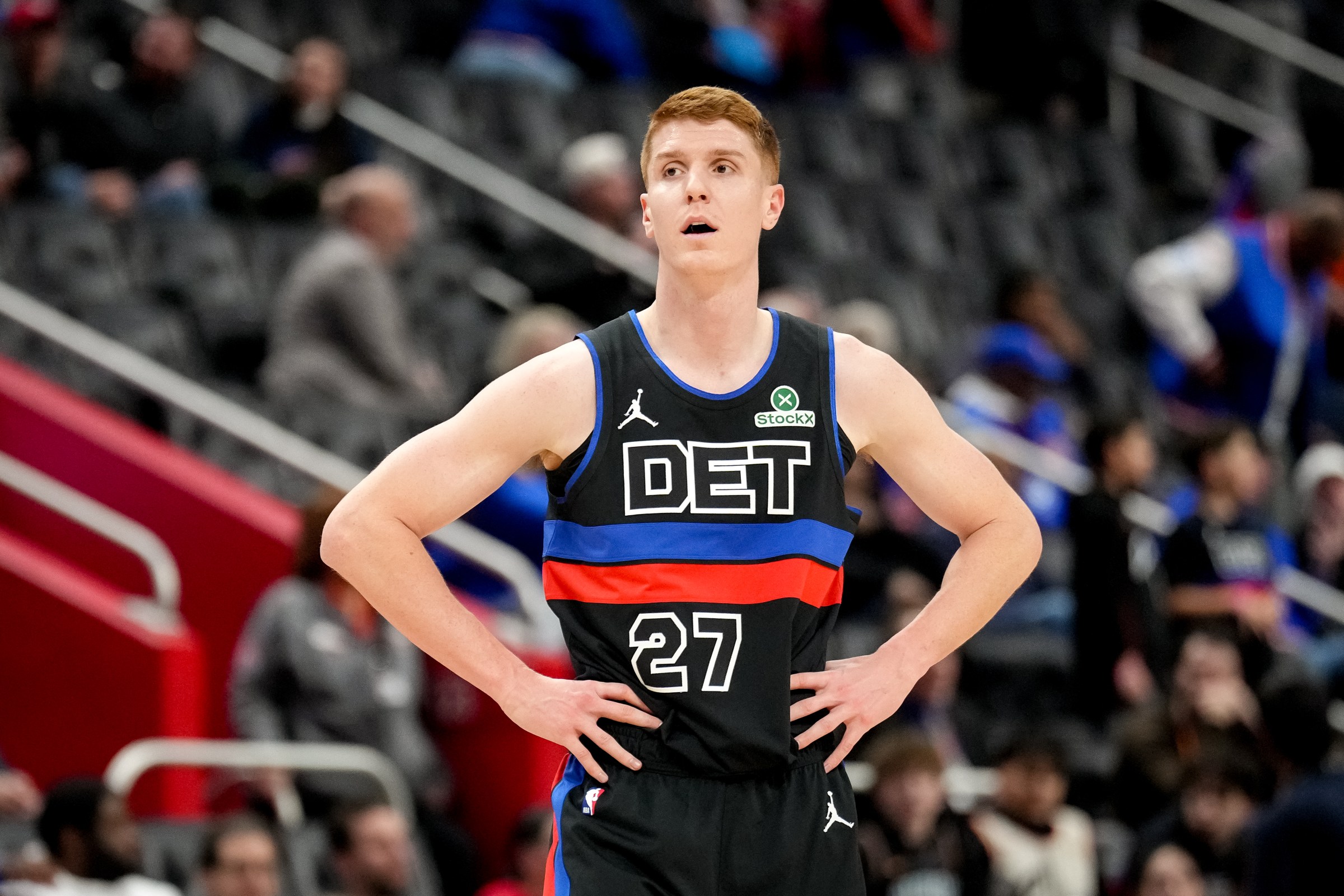DETROIT, MICHIGAN - FEBRUARY 06: Kevin Huerter #27 of the Detroit Pistons looks on against the New York Knicks during the fourth quarter at Little Caesars Arena on February 06, 2026 in Detroit, Michigan. NOTE TO USER: User expressly acknowledges and agrees that, by downloading and or using this photograph, User is consenting to the terms and conditions of the Getty Images License Agreement. (Photo by Nic Antaya/Getty Images)