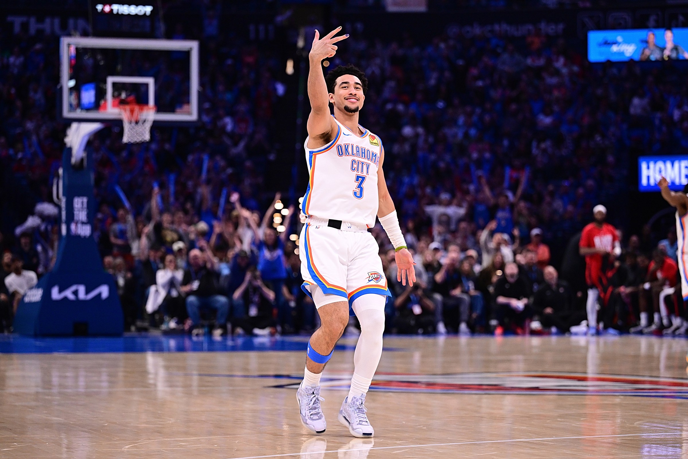OKLAHOMA CITY, OKLAHOMA - FEBRUARY 7: Jared McCain #3 of the Oklahoma City Thunder celebrates a made basket during the second half against the Houston Rockets at Paycom Center on February 7, 2026 in Oklahoma City, Oklahoma. NOTE TO USER: User expressly acknowledges and agrees that, by downloading and or using this photograph, User is consenting to the terms and conditions of the Getty Images License Agreement. (Photo by Joshua Gateley/Getty Images)
