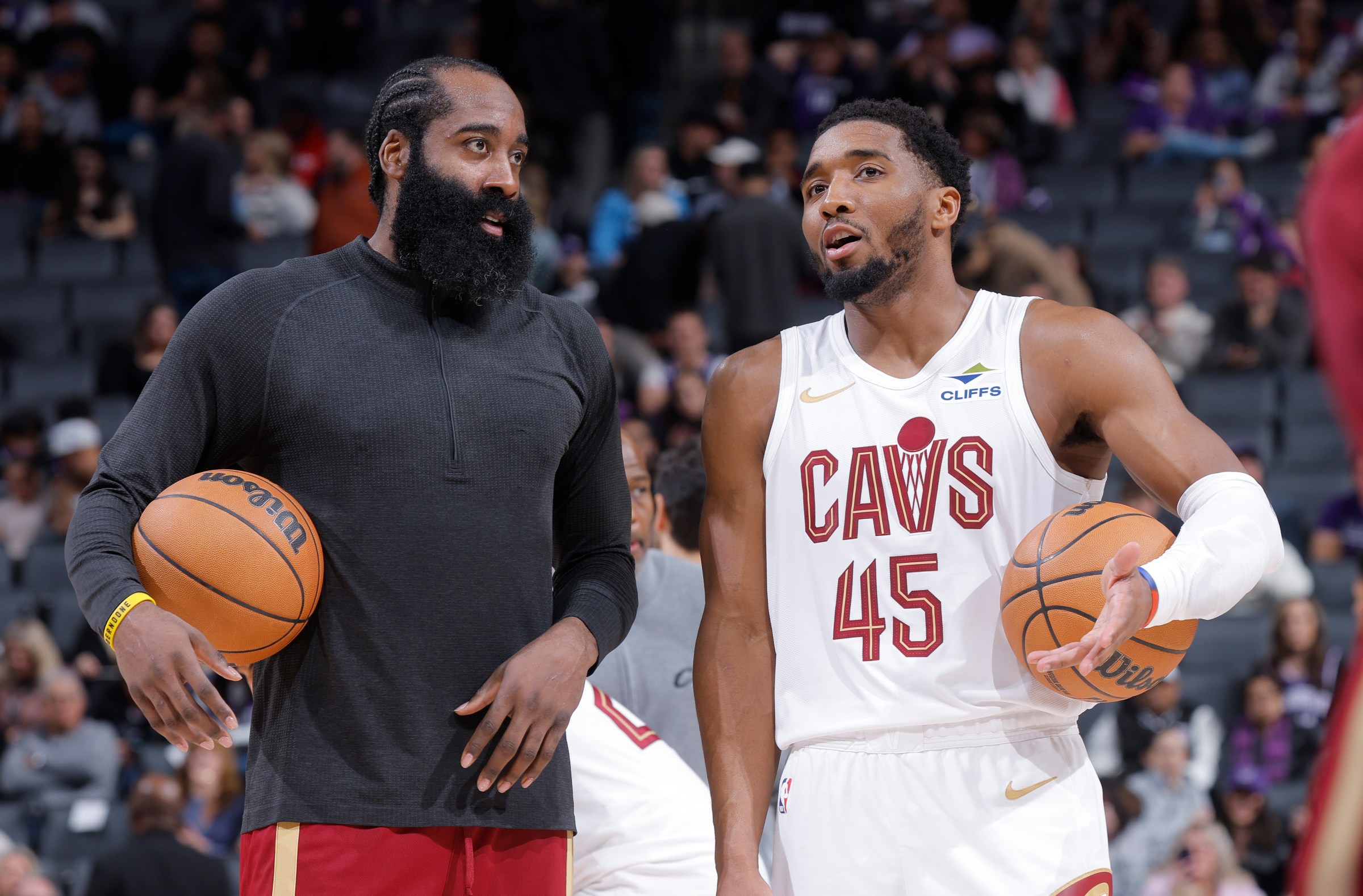 SACRAMENTO, CA - FEBRUARY 7: James Harden #1 and Donovan Mitchell #45 of the Cleveland Cavaliers talk during the game against the Sacramento Kings on February 7, 2026 at Golden 1 Center in Sacramento, California. NOTE TO USER: User expressly acknowledges and agrees that, by downloading and or using this photograph, User is consenting to the terms and conditions of the Getty Images Agreement. Mandatory Copyright Notice: Copyright 2026 NBAE (Photo by Rocky Widner/NBAE via Getty Images)