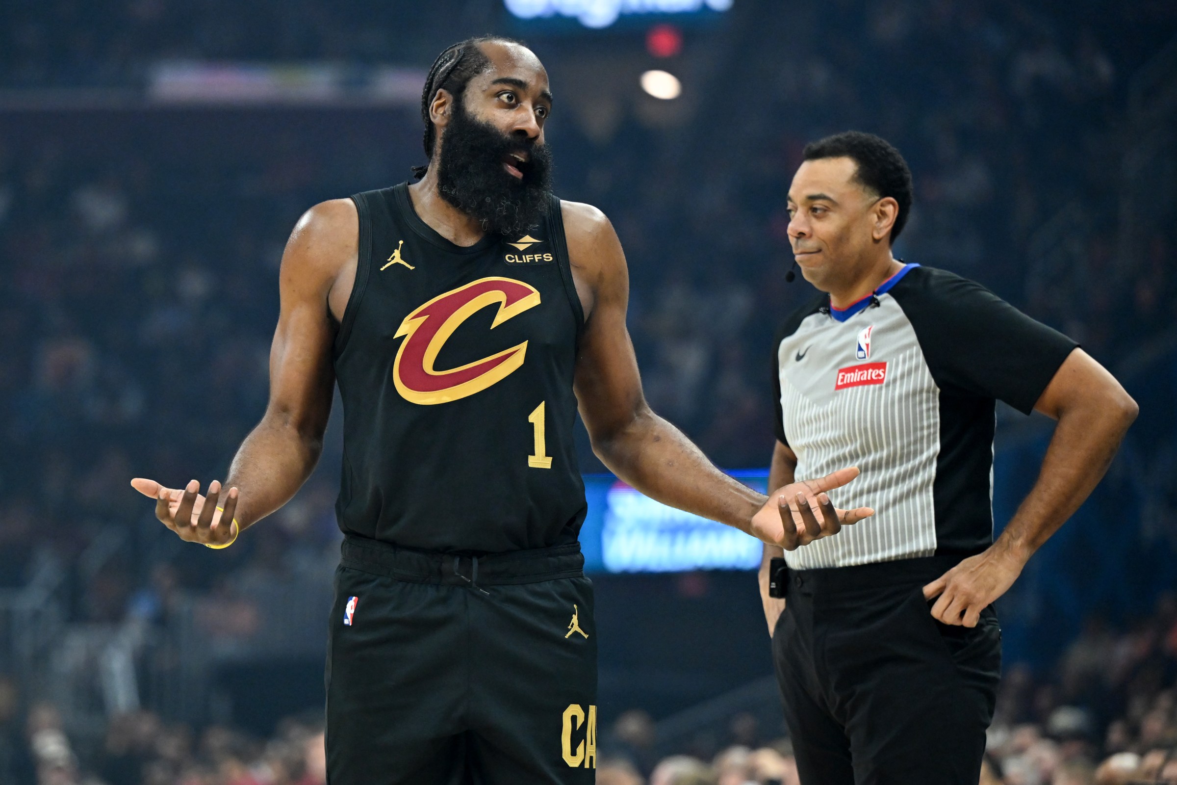 CLEVELAND, OHIO - FEBRUARY 11: James Harden #1 of the Cleveland Cavaliers reacts during the first half against the Washington Wizards at Rocket Arena on February 11, 2026 in Cleveland, Ohio. NOTE TO USER: User expressly acknowledges and agrees that, by downloading and or using this photograph, User is consenting to the terms and conditions of the Getty Images License Agreement. (Photo by Nick Cammett/Getty Images)