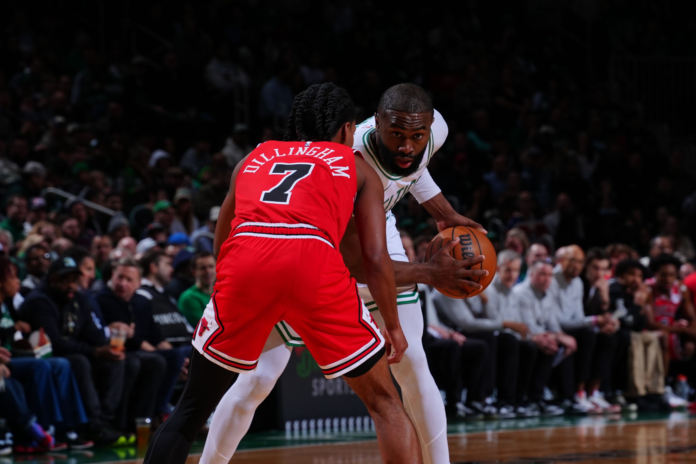 BOSTON, MA - FEBRUARY 11: Jaylen Brown #7 of the Boston Celtics handles the ball during the game against the Chicago Bulls on February 11, 2026 at TD Garden in Boston, Massachusetts. NOTE TO USER: User expressly acknowledges and agrees that, by downloading and/or using this Photograph, user is consenting to the terms and conditions of the Getty Images License Agreement. Mandatory Copyright Notice: Copyright 2026 NBAE (Photo by Brian Babineau/NBAE via Getty Images)