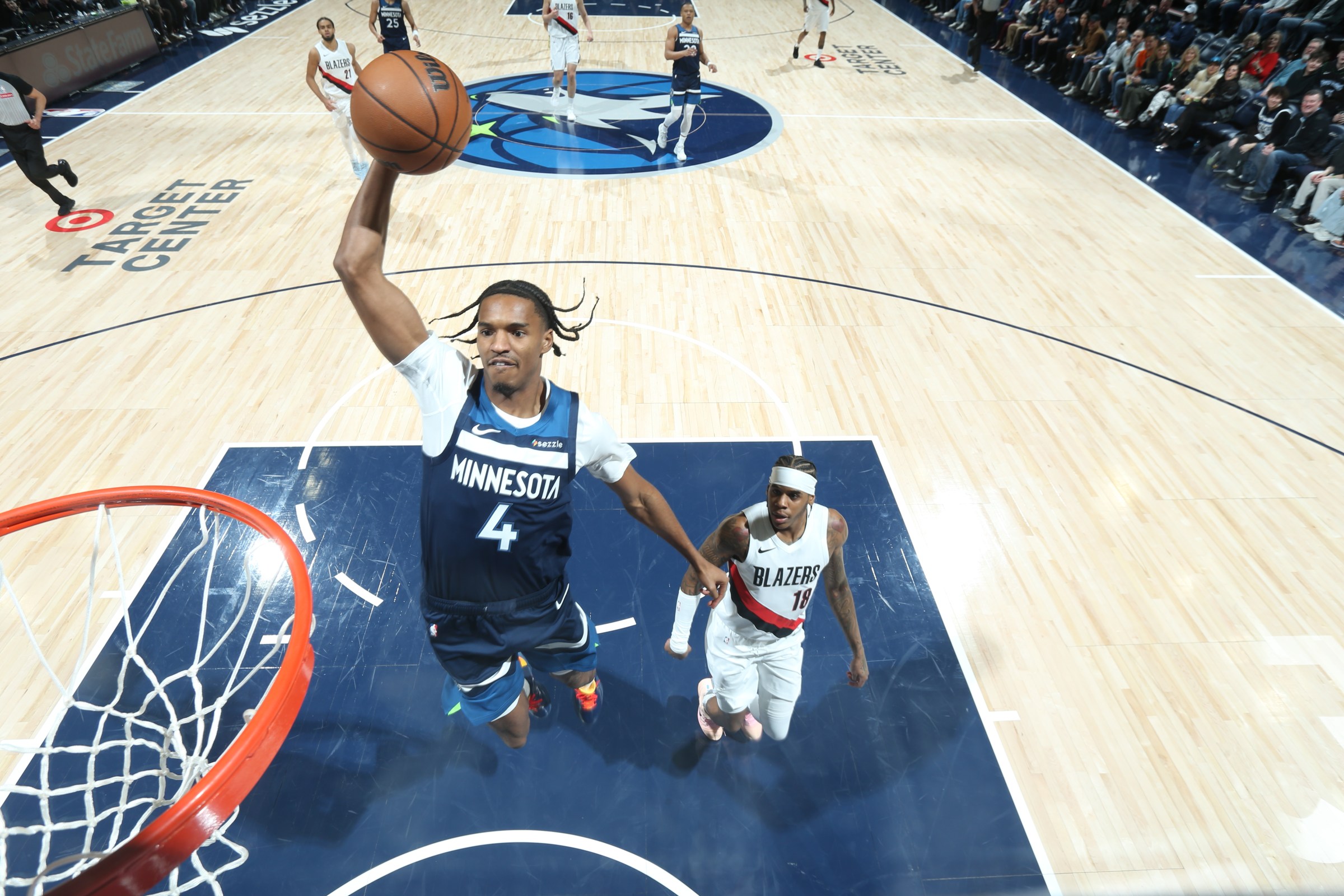 MINNEAPOLIS, MN - FEBRUARY 11: Julian Phillips #4 of the Minnesota Timberwolvesdunks the ball during the game against the Portland Trail Blazers on February 11, 2026 at Target Center in Minneapolis, Minnesota. NOTE TO USER: User expressly acknowledges and agrees that, by downloading and or using this Photograph, user is consenting to the terms and conditions of the Getty Images License Agreement. Mandatory Copyright Notice: Copyright 2026 NBAE (Photo by David Sherman/NBAE via Getty Images)