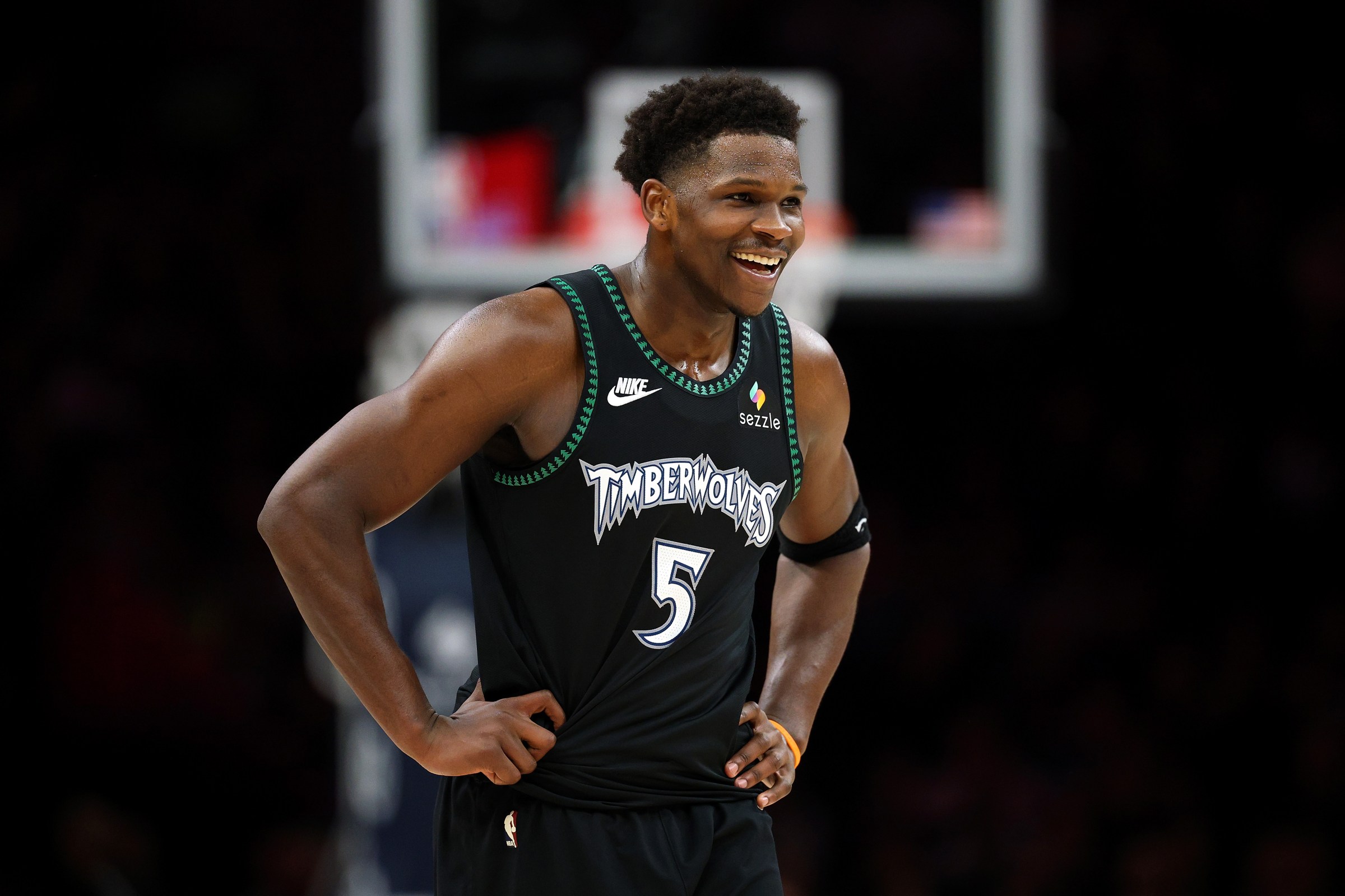 MINNEAPOLIS, MINNESOTA - FEBRUARY 09: Anthony Edwards #5 of the Minnesota Timberwolves smiles in the fourth quarter of the game against the Atlanta Hawks at Target Center on February 09, 2026 in Minneapolis, Minnesota. The Timberwolves defeated the Hawks 138-116. NOTE TO USER: User expressly acknowledges and agrees that, by downloading and or using this photograph, User is consenting to the terms and conditions of the Getty Images License Agreement. (Photo by David Berding/Getty Images)