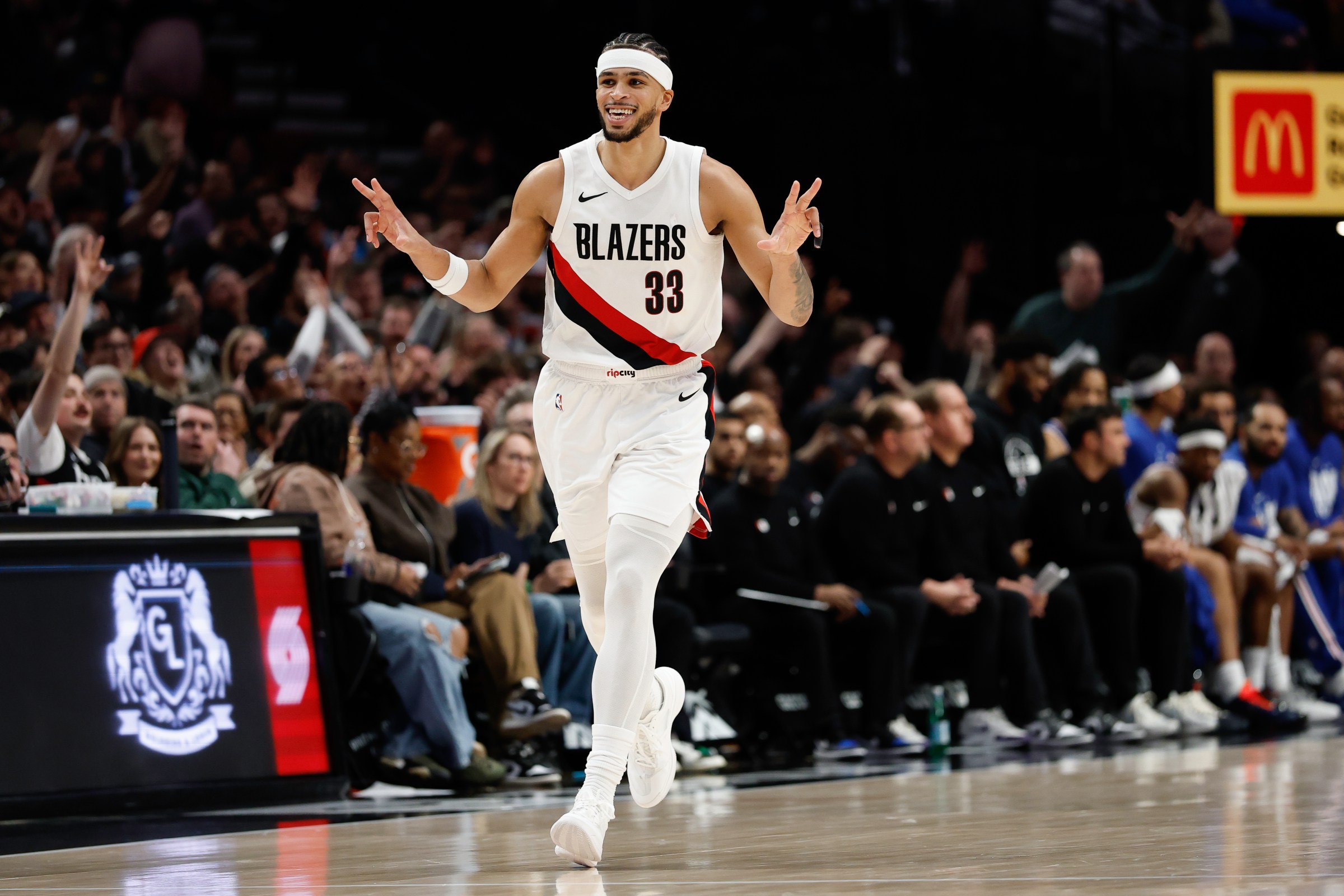 PORTLAND, OREGON - FEBRUARY 09: Toumani Camara #33 of the Portland Trail Blazers gestures during the third quarter against the Philadelphia 76ers at the Moda Center on February 09, 2026 in Portland, Oregon. The Portland Trail Blazers won 135-118. NOTE TO USER: User expressly acknowledges and agrees that, by downloading and or using this photograph, User is consenting to the terms and conditions of the Getty Images License Agreement. (Photo by Alika Jenner/Getty Images)
