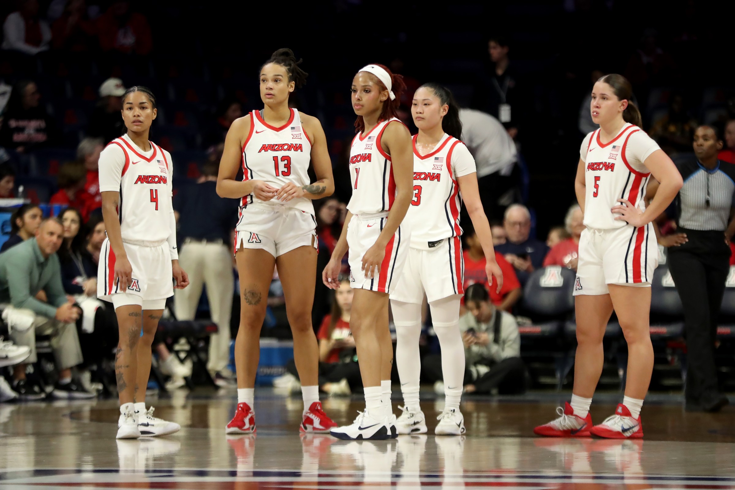 TUCSON, AZ - FEBRUARY 17: Arizona Wildcats guard Noelani Cornfield (4), forward Nora Francois (13), guard Tanyuel Welch (11), guard Sumayah Sugapong (3) and guard Molly Ladwig (5) during a women’s basketball game between the Colorado Buffaloes and the Arizona Wildcats on February 17, 2026, at McKale Center at ALKEME Arena in Tucson, AZ. (Photo by Christopher Hook/Icon Sportswire via Getty Images)