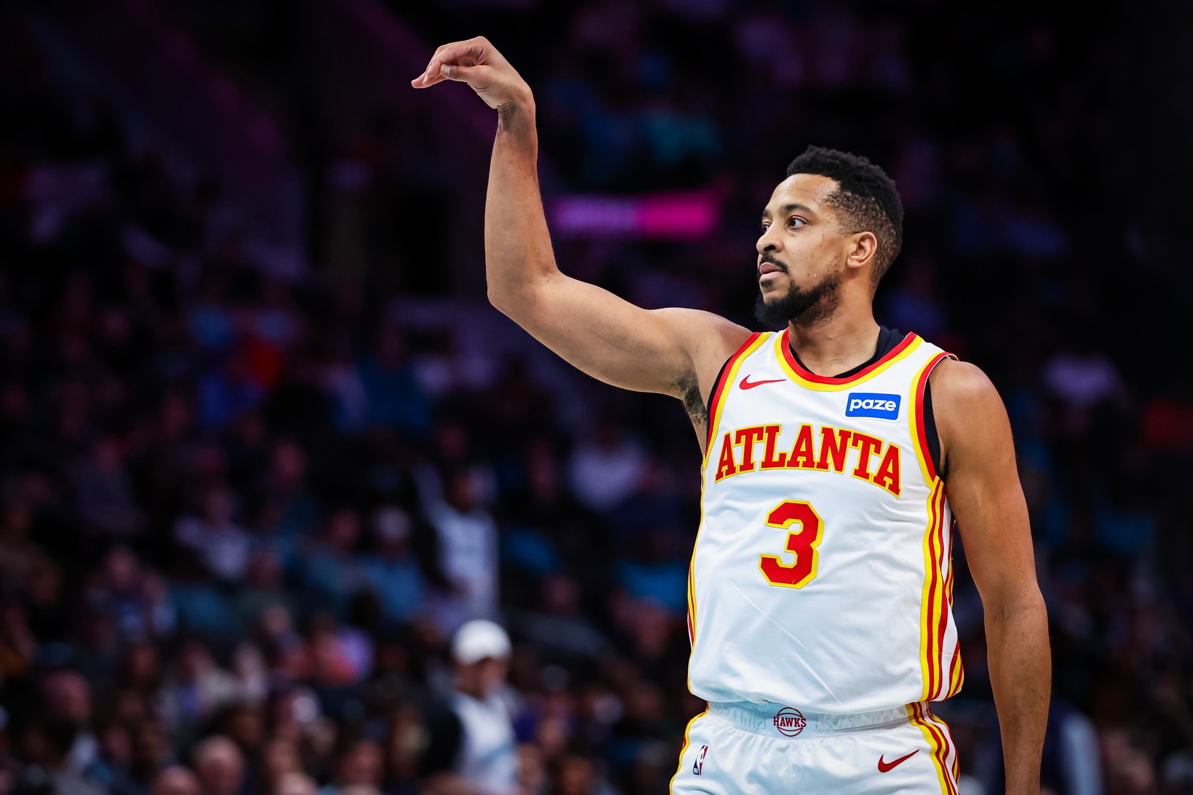 CHARLOTTE, NORTH CAROLINA - FEBRUARY 11: CJ McCollum #3 of the Atlanta Hawks watches his shot go in during the first half of a basketball game against the Charlotte Hornets at Spectrum Center on February 11, 2026 in Charlotte, North Carolina. NOTE TO USER: User expressly acknowledges and agrees that, by downloading and or using this photograph, User is consenting to the terms and conditions of the Getty Images License Agreement. (Photo by David Jensen/Getty Images)