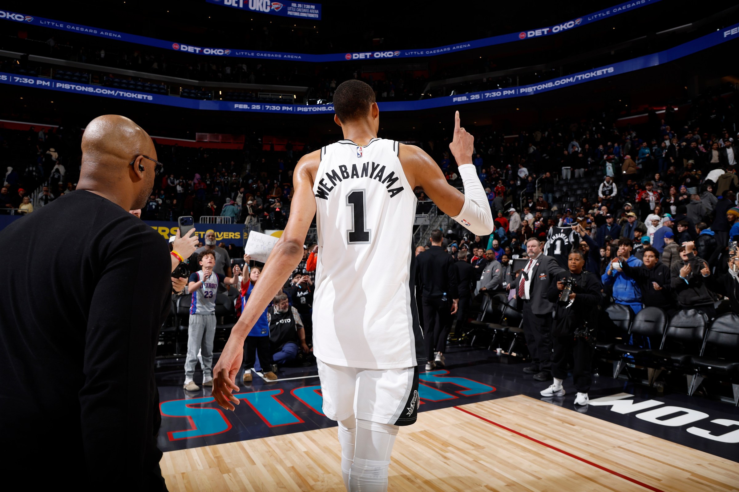 DETROIT, MI - FEBRUARY 23: Victor Wembanyama #1 of the San Antonio Spurs celebrates after the game against the Detroit Pistons on February 23, 2026 at Little Caesars Arena in Detroit, Michigan. NOTE TO USER: User expressly acknowledges and agrees that, by downloading and/or using this photograph, User is consenting to the terms and conditions of the Getty Images License Agreement. Mandatory Copyright Notice: Copyright 2026 NBAE (Photo by Brian Sevald/NBAE via Getty Images)