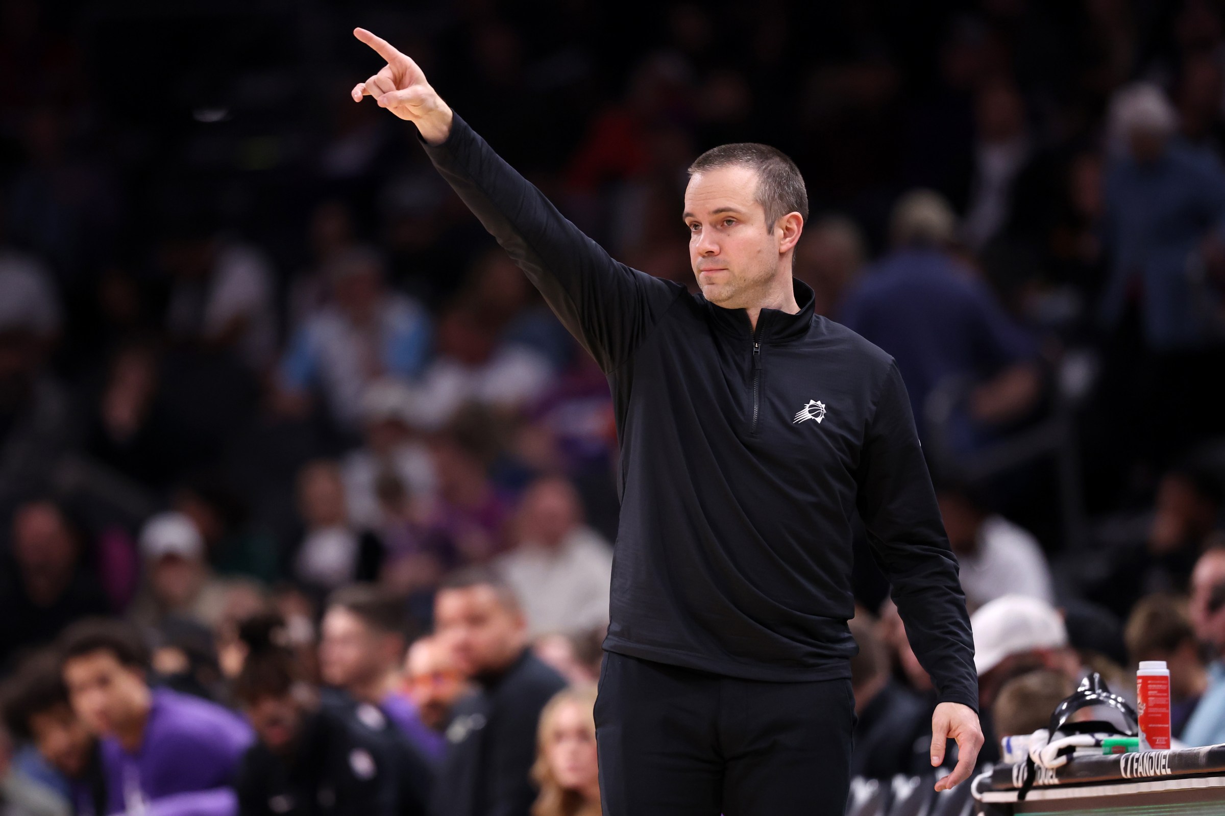 PHOENIX, ARIZONA - FEBRUARY 21: Head coach Jordan Ott of the Phoenix Suns gestures during the second half against the Orlando Magic at Mortgage Matchup Center on February 21, 2026 in Phoenix, Arizona. NOTE TO USER: User expressly acknowledges and agrees that, by downloading and or using this photograph, User is consenting to the terms and conditions of the Getty Images License Agreement. (Photo by Chris Coduto/Getty Images)