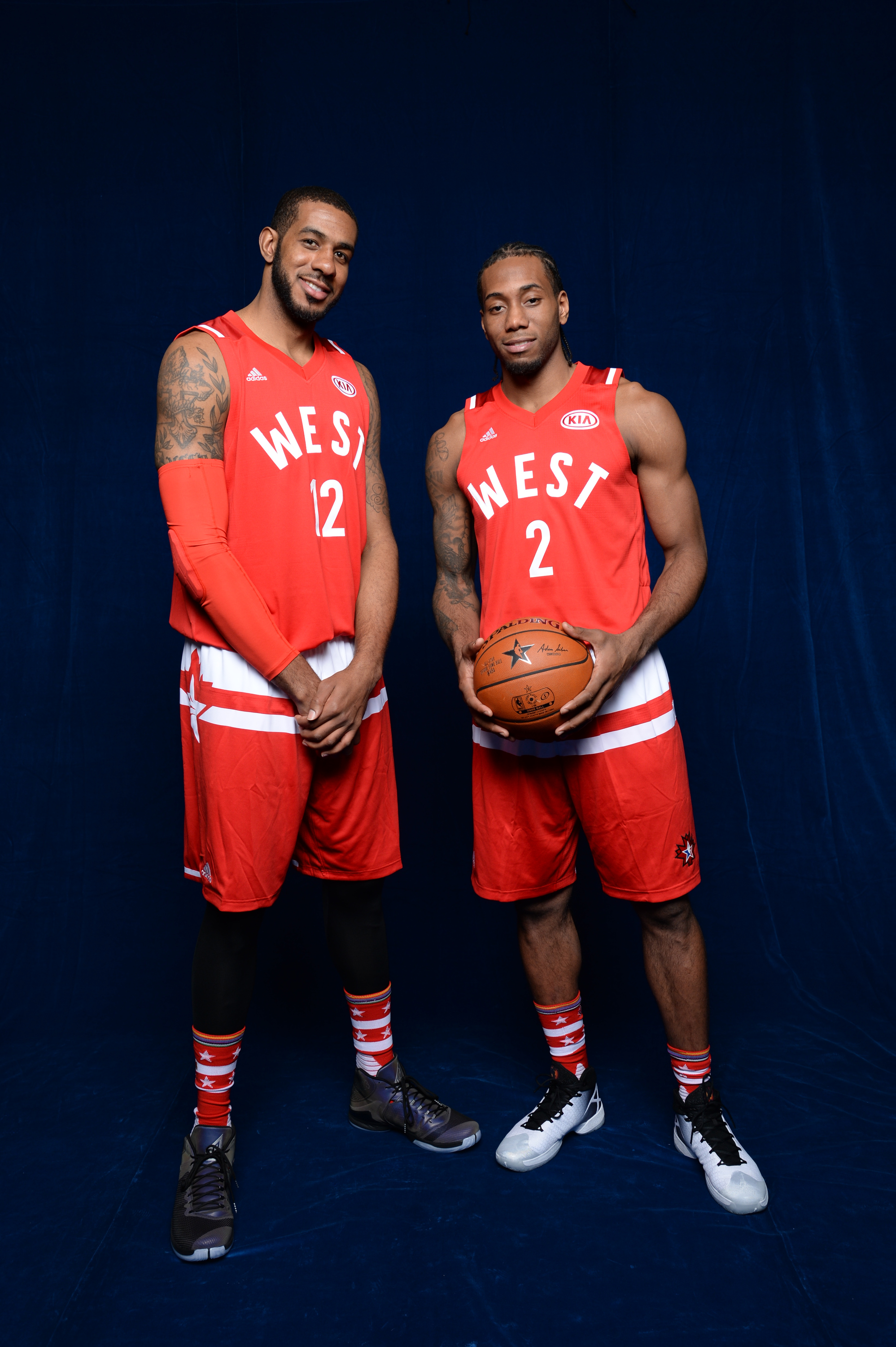 TORONTO, CANADA - FEBRUARY 14 : LaMarcus Aldridge #12 and Kawhi Leonard #2 of the Western Conference All-Stars team pose for a portrait before the NBA All-Star Game on February 14, 2016 at the Air Canada Centre in Toronto, Ontario, Canada. NOTE TO USER: User expressly acknowledges and agrees that, by downloading and or using this Photograph, user is consenting to the terms and conditions of the Getty Images License Agreement. Mandatory Copyright Notice: Copyright 2016 NBAE (Photo by Jennifer Pottheiser/NBAE via Getty Images)