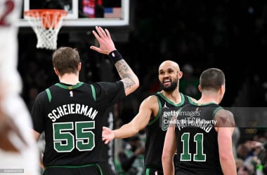 Miami Heat v Boston CelticsBOSTON, MASSACHUSETTS - FEBRUARY 06: Derrick White #9 of the Boston Celtics reacts with Baylor Scheierman #55 during a timeout in the second half of a game against the Miami Heat at the TD Garden on February 06, 2026 in Boston, Massachusetts. NOTE TO USER: User expressly acknowledges and agrees that, by downloading and or using this photograph, User is consenting to the terms and conditions of the Getty Images License Agreement. (Photo by Brian Fluharty/Getty Images)