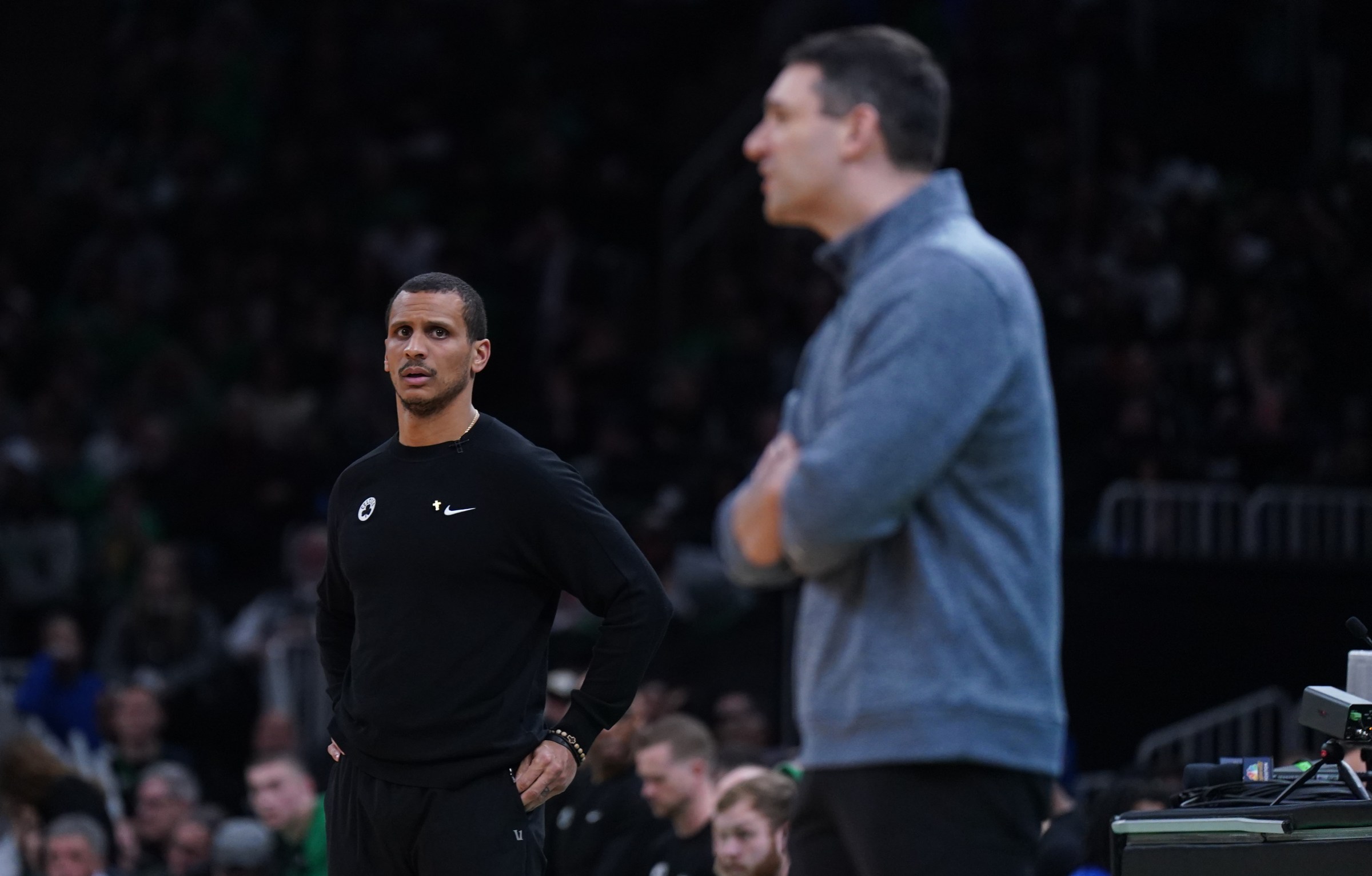 Mar 12, 2025; Boston, Massachusetts, USA; Boston Celtics head coach Joe Mazzulla and Oklahoma City Thunder head coach Mark Daigneault watch from the sideline at TD Garden. Mandatory Credit: David Butler II-Imagn Images