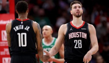 Jabari Smith Jr. #10 of the Houston Rockets congratulates Alperen Sengun #28 in the first half against the Boston Celtics on Feb. 4, 2026 in Houston, Texas. (Photo by Tim Warner/Getty Images North America/Getty Images via AFP)