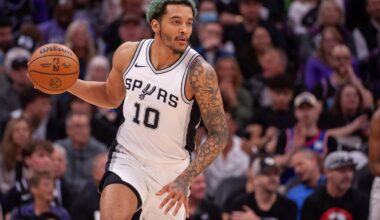 Mar 7, 2025; Sacramento, California, USA; San Antonio Spurs forward Jeremy Sochan (10) pushes the ball up the court during the fourth quarter of the game against the Sacramento Kings at Golden 1 Center. Mandatory Credit: Ed Szczepanski-Imagn Images