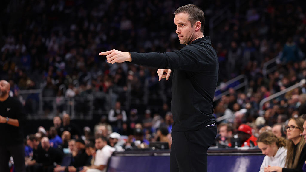 Head coach Jordan Ott of the Phoenix Suns looks on while playing the Detroit Pistons at Little Caes...