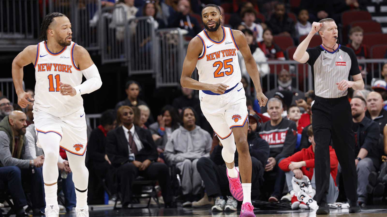 Feb 22, 2026; Chicago, Illinois, USA; New York Knicks guard Mikal Bridges (25) smiles after scoring against the Chicago Bulls during the first half at United Center. Mandatory Credit: Kamil Krzaczynski-Imagn Images