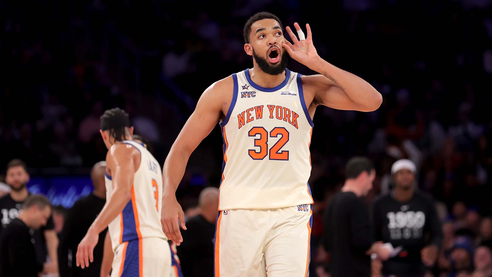 Feb 1, 2026; New York, New York, USA; New York Knicks center Karl-Anthony Towns (32) reacts during the third quarter against the Los Angeles Lakers at Madison Square Garden. Mandatory Credit: Brad Penner-Imagn Images