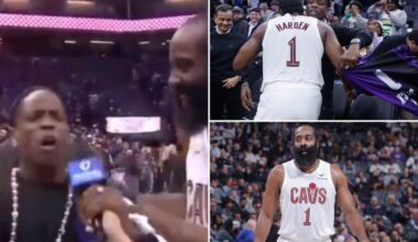 Travis Scott goes wild while crashing James Harden interview after Cavaliers debut