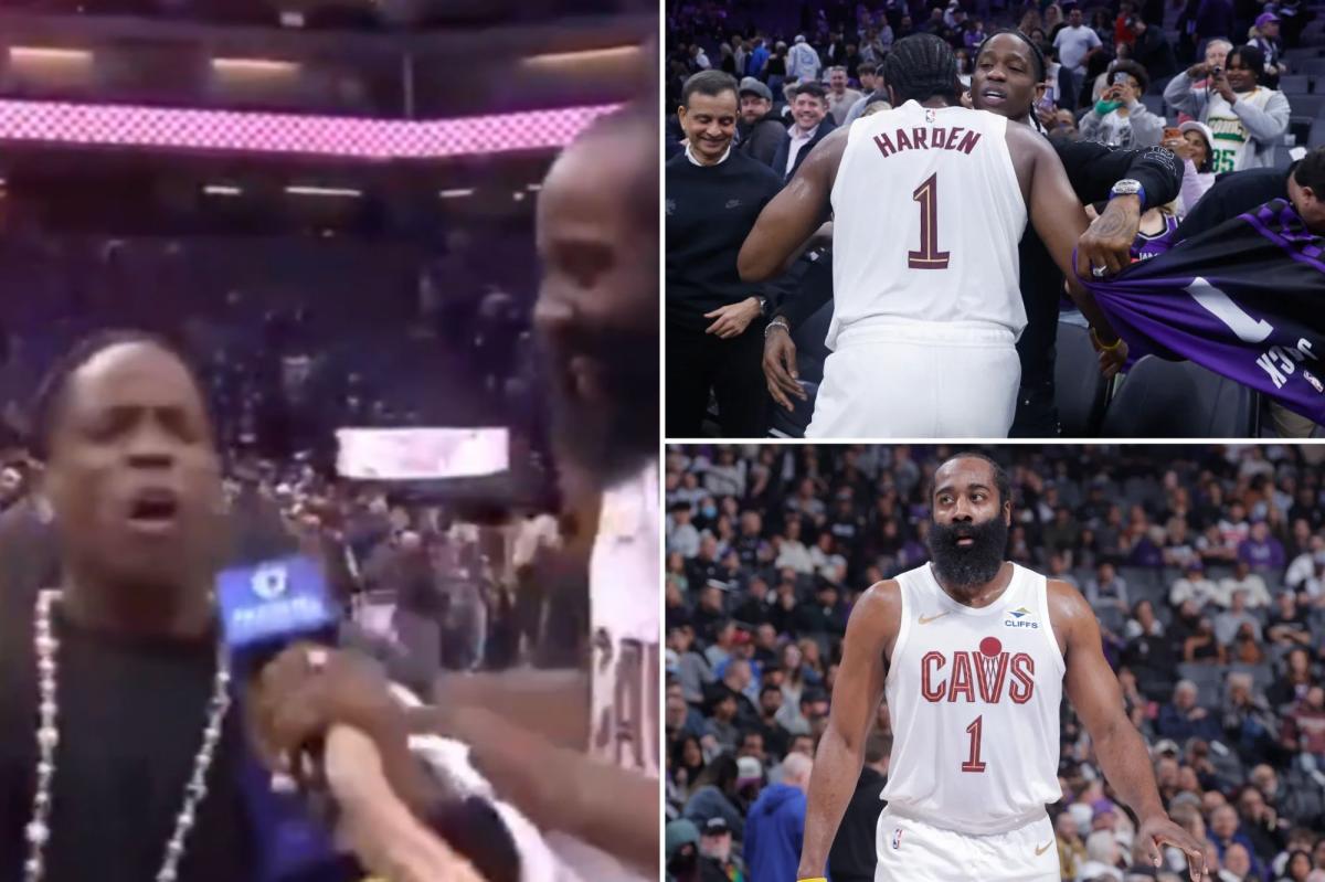 Travis Scott goes wild while crashing James Harden interview after Cavaliers debut