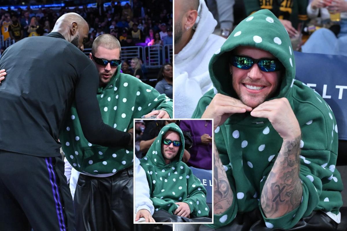 Justin Bieber cheers LeBron James courtside at Lakers game