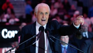 The Miami Heat president Pat Riley speaks during a halftime ceremony to commemorate the start of Riley's 30th season with the franchise, as the Heat unveiled the Pat Riley Court during an NBA basketball game between the Heat and the Orlando Magic, Wednesday, Oct. 23, 2024, in Miami. (AP Photo/Wilfredo Lee, File)