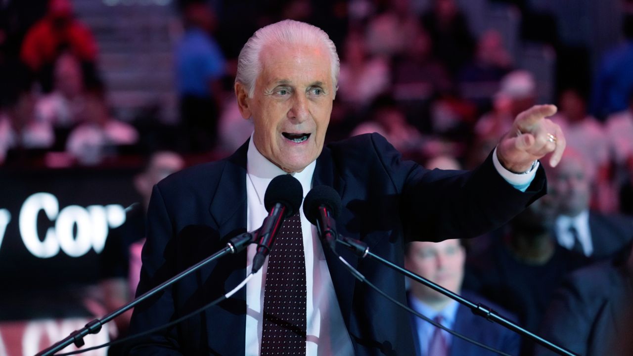 The Miami Heat president Pat Riley speaks during a halftime ceremony to commemorate the start of Riley's 30th season with the franchise, as the Heat unveiled the Pat Riley Court during an NBA basketball game between the Heat and the Orlando Magic, Wednesday, Oct. 23, 2024, in Miami. (AP Photo/Wilfredo Lee, File)
