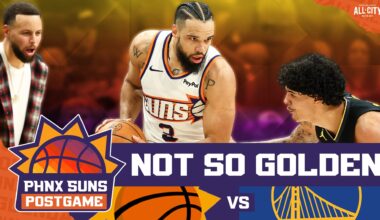 Warriors' Stephen Curry and Gui Santos; Suns' Dillon Brooks