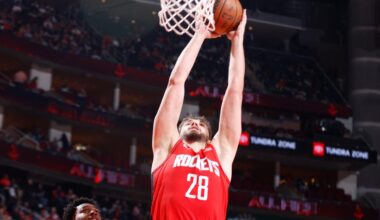Alperen Sengun #28 of the Houston Rockets dunks the ball during the game against the Utah Jazz at the Toyota Center in Houston, Texas, US, Feb. 23, 2026. (AFP Photo)